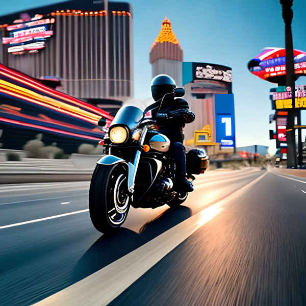 Hombre conduciendo una motocicleta callejera por el corredor nocturno de un hotel, demostrando los variados casos que maneja Kevin R. Hansen, Abogado de Lesiones Personales en Las Vegas.
