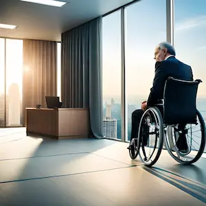 Anciano en silla de ruedas, posiblemente en un hotel o en un centro médico de prestigio, presentado por The Law Office of Kevin R. Hansen.