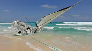Velero atrapado lateralmente en las rompientes del oleaje - representación de un escenario de accidente de navegación.