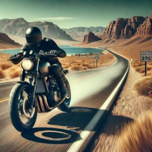 Dangers leading to motorcycle accidents showing-a-motorcycle-speeding-on-a-scenic-desert-road-near-Las-Vegas-with-a-sense-of-thrill-and-danger