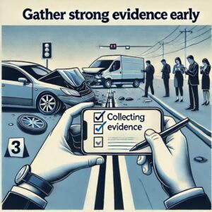 Point of view illustration of person holding phone and gathering evidence at accident scene