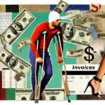 Image depicting injured man on crutches with head bandage with a collage of bills in the background