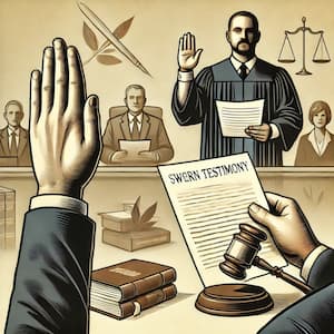 illustration depicting 'sworn testimony' in a courtroom setting. A witness is standing with one hand raised and the other on a document