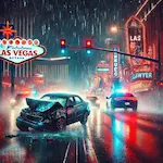 accident on las vegas strip at night during rain with iconic "Welcome to Las Vegas" sign in background