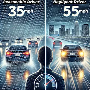 Image compares reasonable speed 35 mph vs negligent drivers speed 55 mph during rain