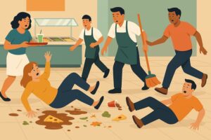 Ilustración de un accidente de resbalón y caída en un casino causado por un vertido en un restaurante