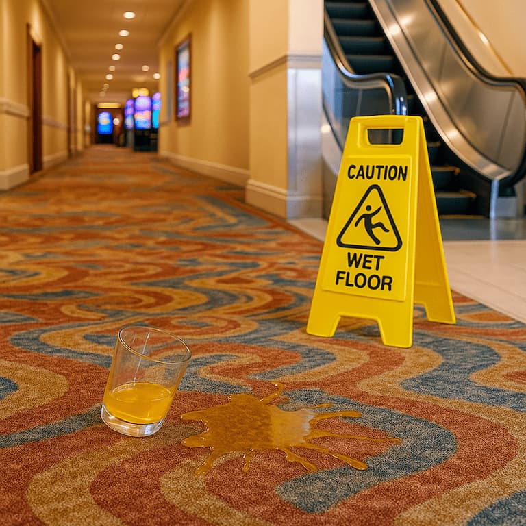 El cartel "Suelo mojado" señala una bebida derramada al final de una escalera mecánica