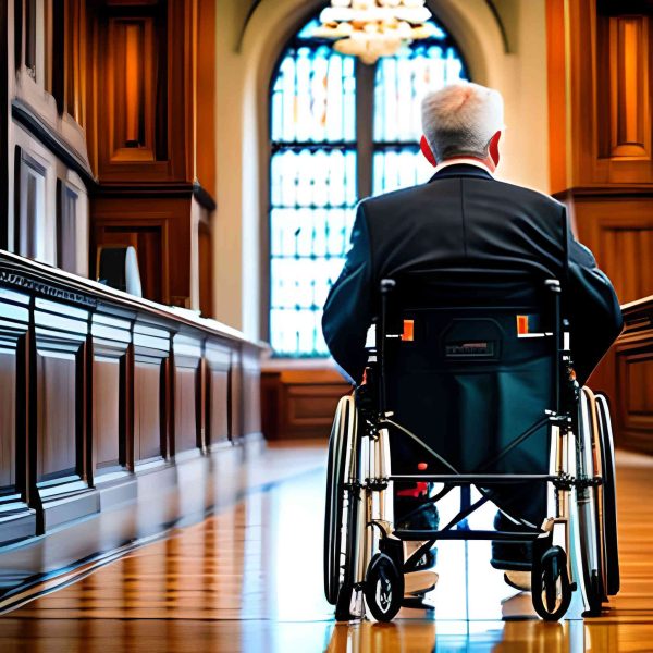 Back view of a man in a wheelchair in a court hallway, symbolizing the commitment of Kevin R. Hansen, Personal Injury Lawyer in Las Vegas, to represent all injury victims