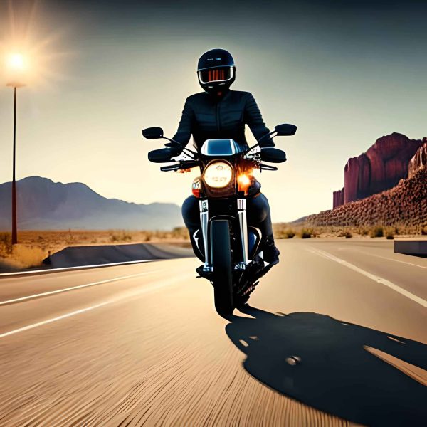 Motociclista callejero conduciendo hacia la cámara con Red Rock Canyon al fondo, simbolizando la experiencia de Kevin R. Hansen, Abogado de Accidentes de Motocicleta en Las Vegas.